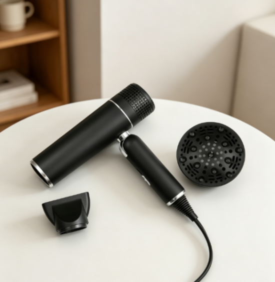 Foldable lightweight hair dryer, with diffuser and concentrator nozzle