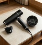 Foldable lightweight hair dryer, with diffuser and concentrator nozzle
