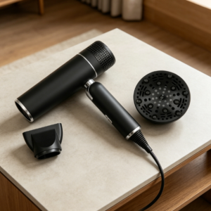 Foldable lightweight hair dryer, with diffuser and concentrator nozzle