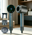 High-speed hair dryer, LCD display, multiple speed and temperature settings, low noise design
