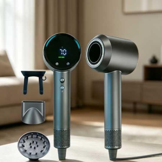 High-speed hair dryer, LCD display, multiple speed and temperature settings, low noise design