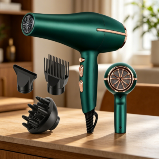 High-power hair dryer, fast drying, multiple heat and speed settings, with detangling comb attachment