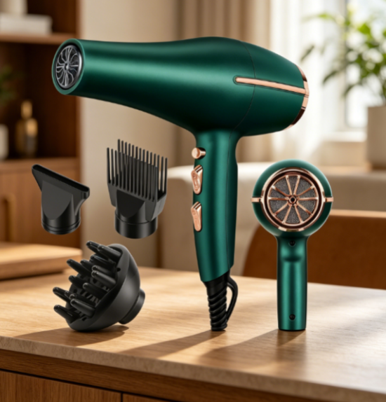High-power hair dryer, fast drying, multiple heat and speed settings, with detangling comb attachment